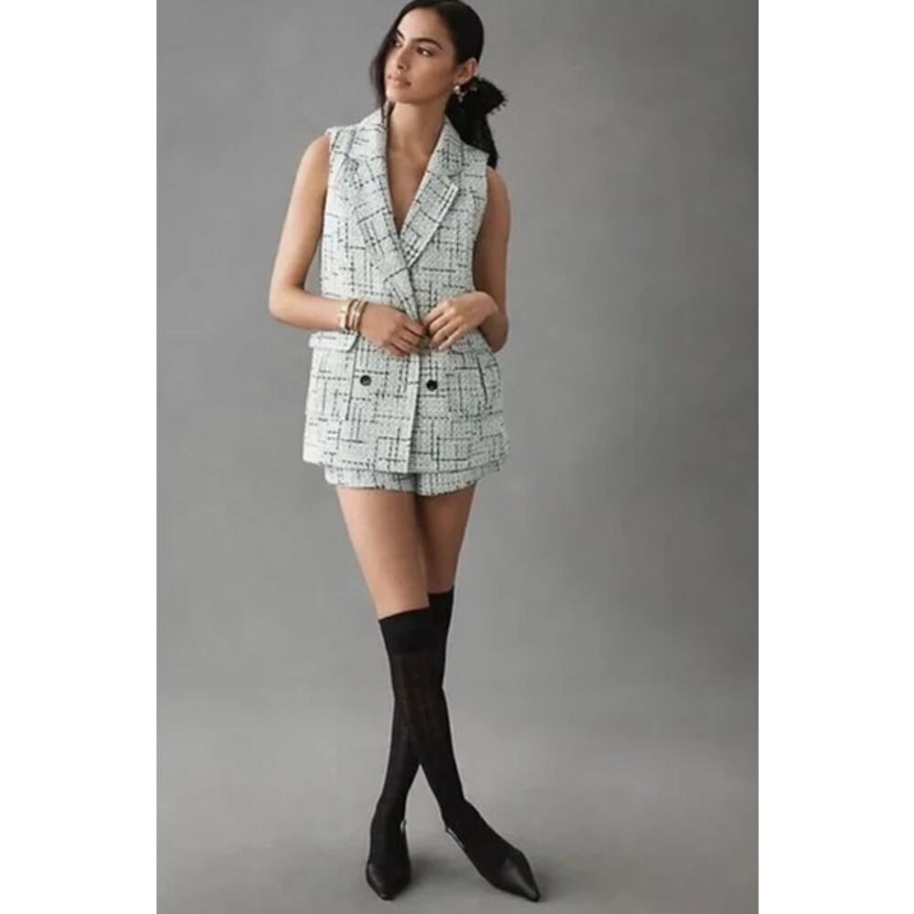 NWOT Anthropologie Maeve Green Tweed Double Breasted Blazer Vest Jacket Size 10
